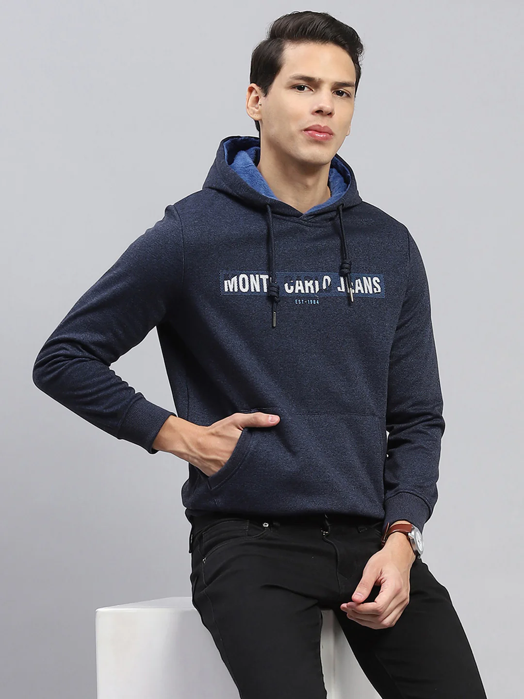 Men Navy Blue Printed Hooded Full Sleeve Sweatshirt - Image 6
