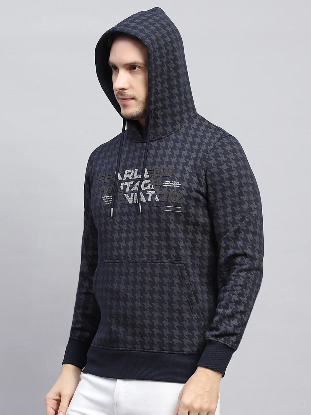 Men Navy Blue Printed Hooded Full Sleeve Sweatshirt - Image 6