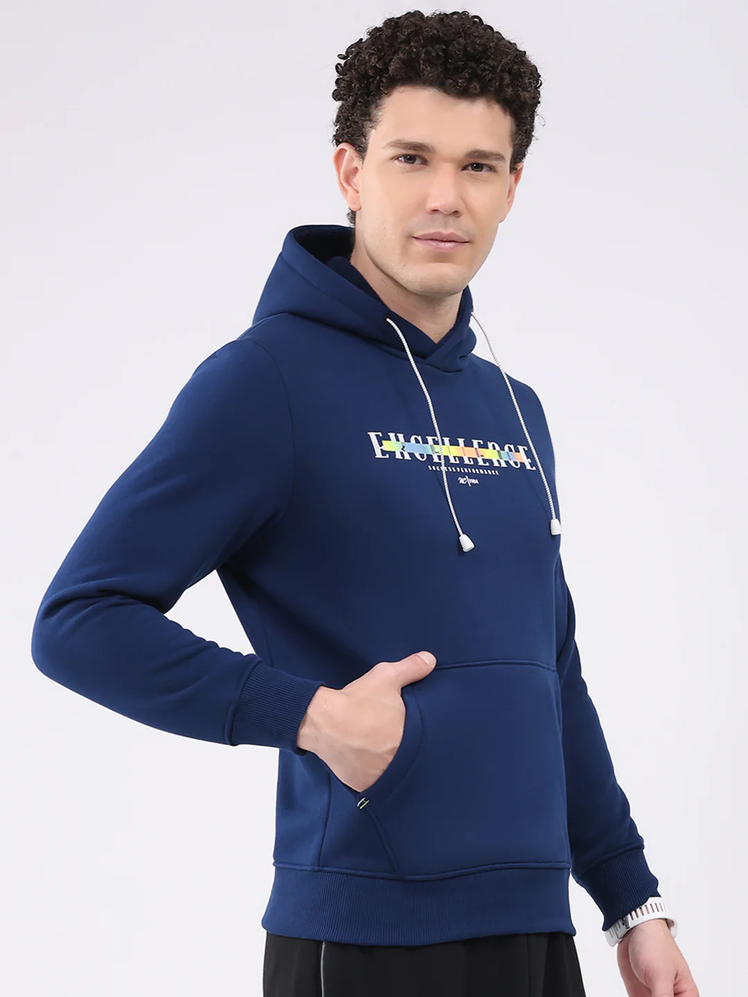 Men Navy Blue Printed Hooded Full Sleeve Sweatshirt - Image 4