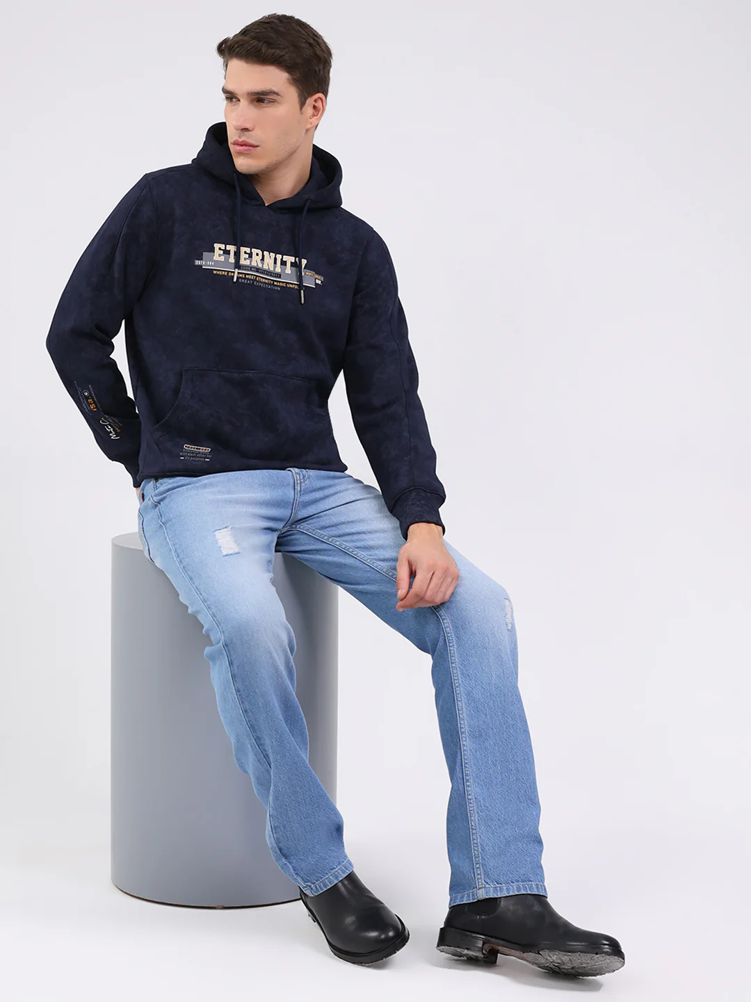 Men Navy Blue Printed Hooded Full Sleeve Sweatshirt - Image 2