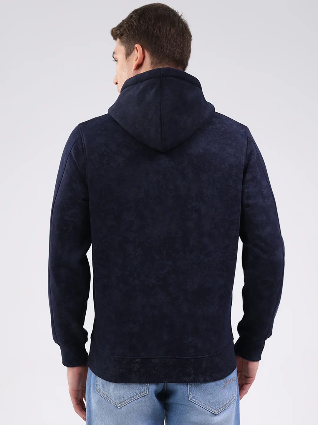 Men Navy Blue Printed Hooded Full Sleeve Sweatshirt - Image 5