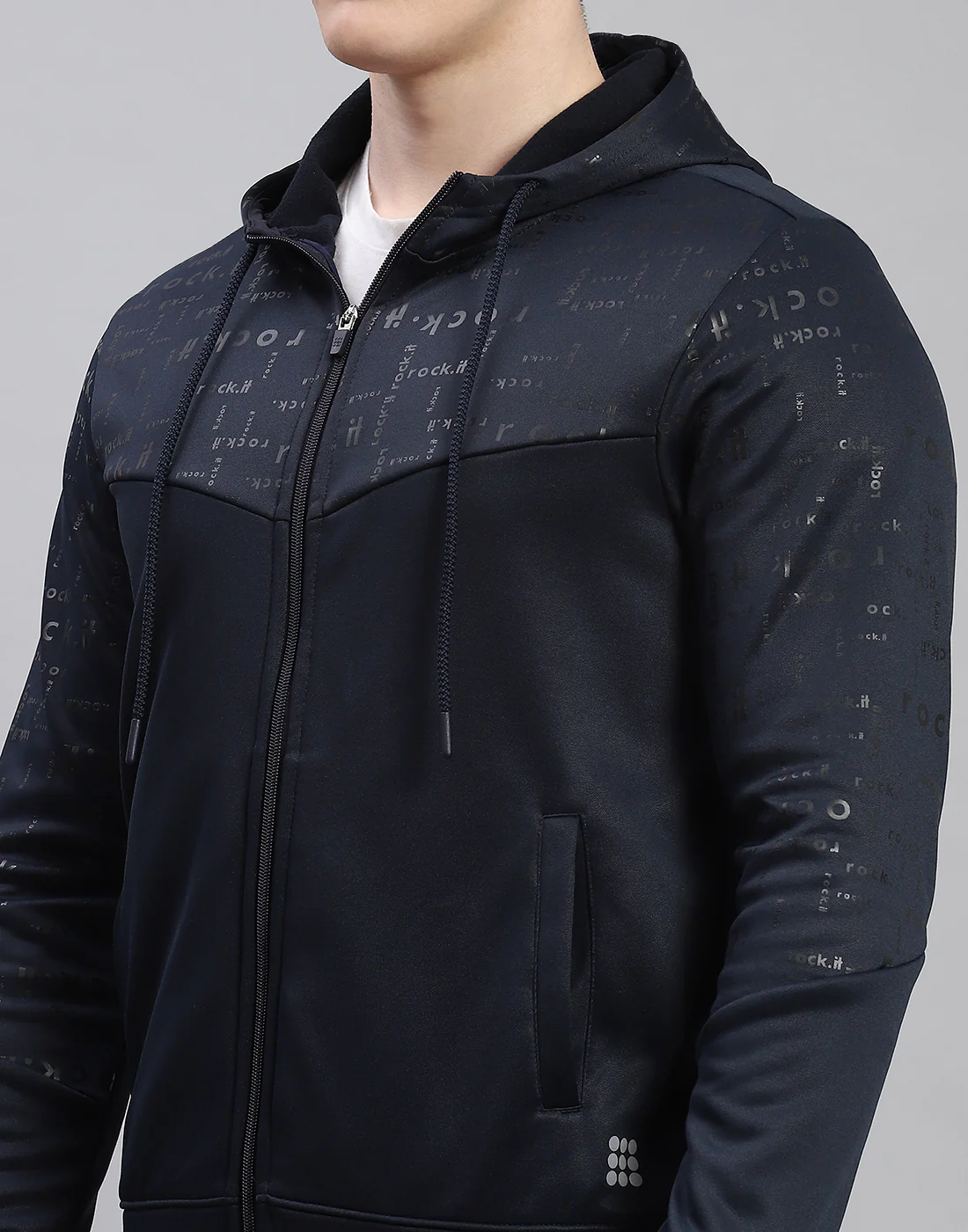 Rock.it Men Navy Blue Printed Hooded Full Sleeve Tracksuit - Image 6