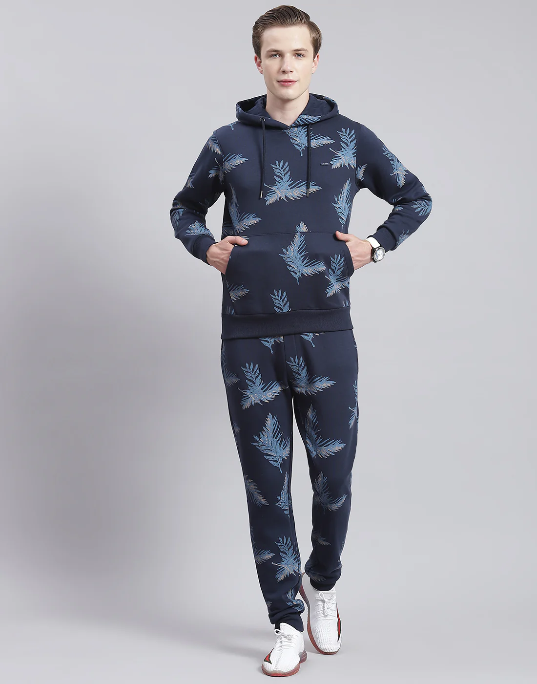 Men Navy Blue Printed Hooded Full Sleeve Tracksuit - Image 2