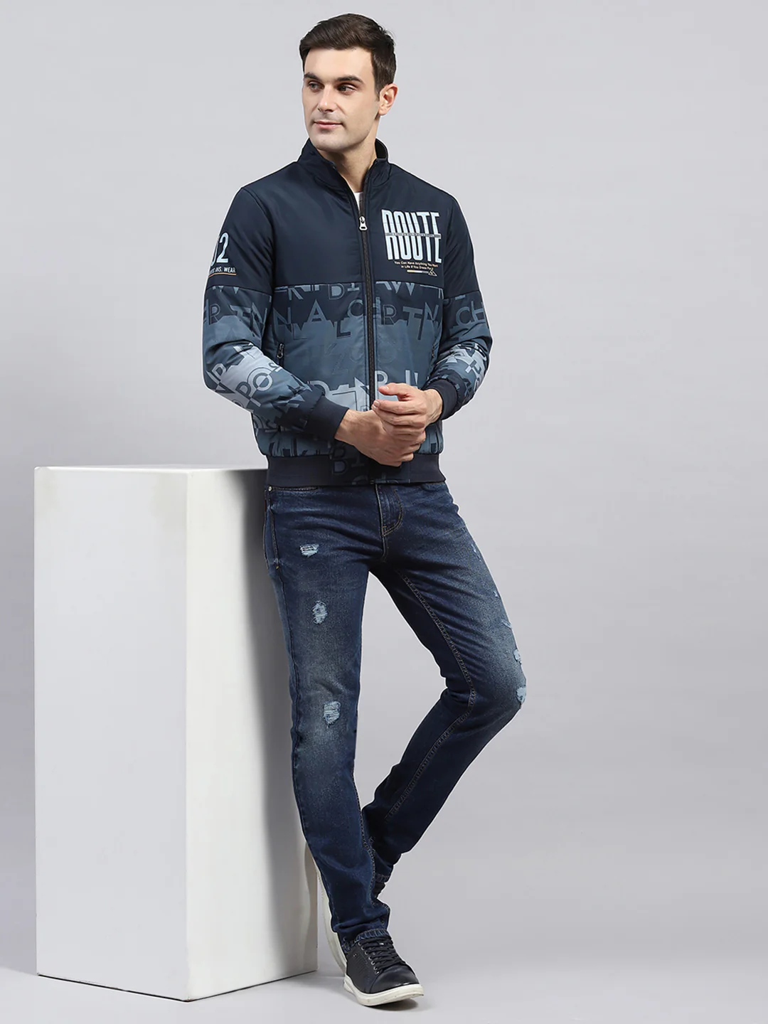 Men Navy Blue Printed Mock Neck Full Sleeve Jacket - Image 2