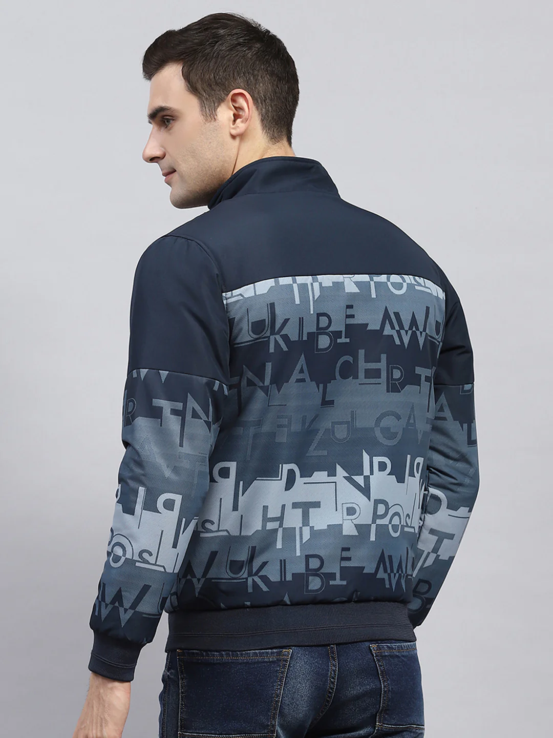 Men Navy Blue Printed Mock Neck Full Sleeve Jacket - Image 5