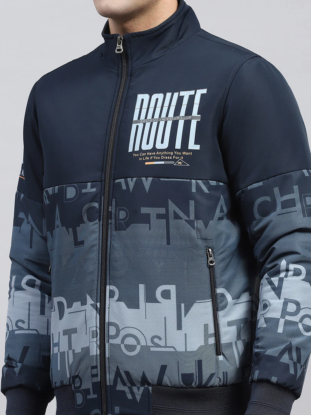 Men Navy Blue Printed Mock Neck Full Sleeve Jacket - Image 6