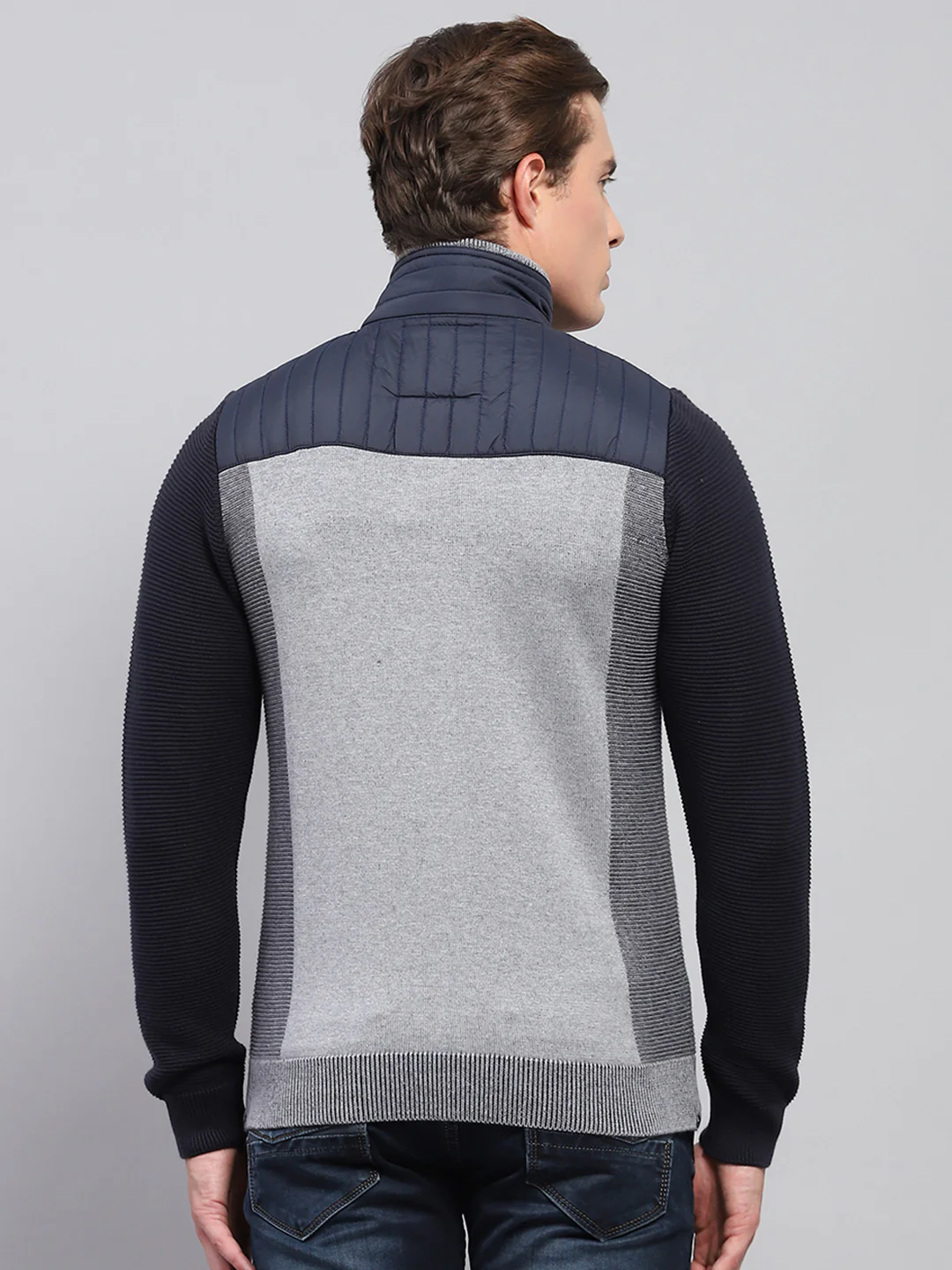 Men Navy Blue Printed Mock Neck Full Sleeve Pullover - Image 5