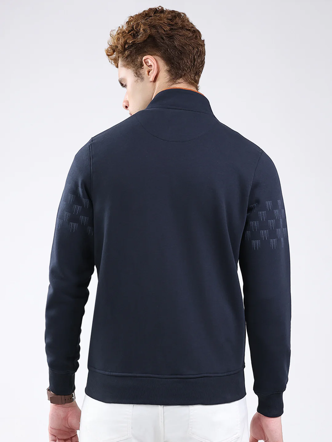 Men Navy Blue Printed Mock Neck Full Sleeve Sweatshirt - Image 5