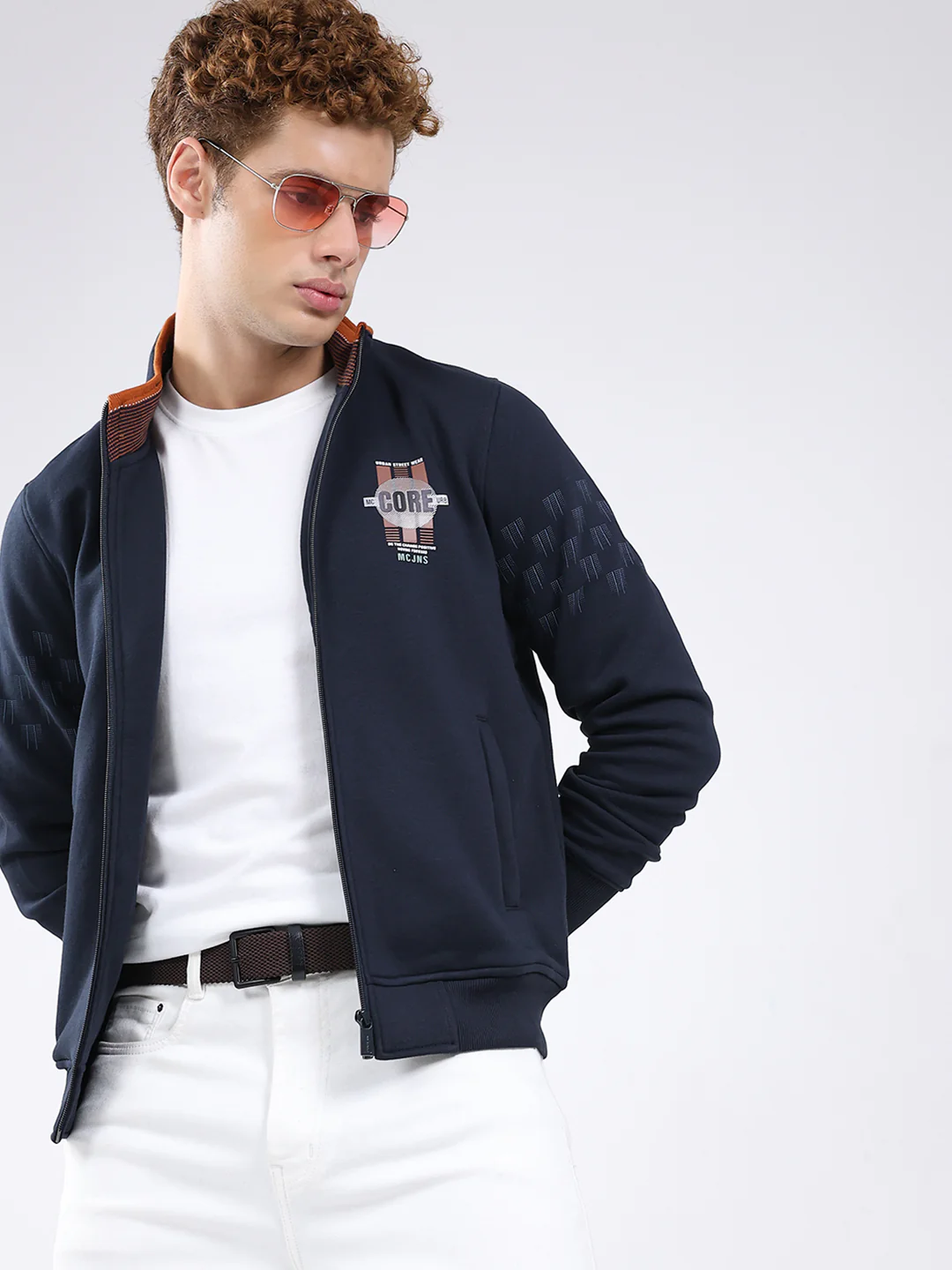 Men Navy Blue Printed Mock Neck Full Sleeve Sweatshirt - Image 6