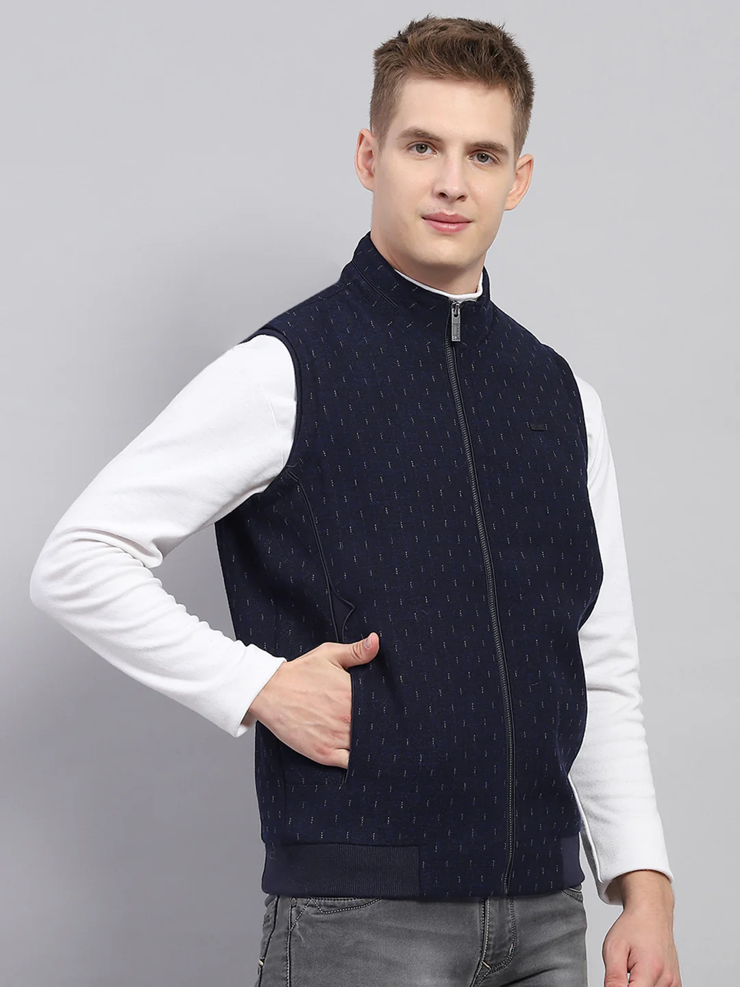Men Navy Blue Printed Mock Neck Sleeveless Jacket - Image 4