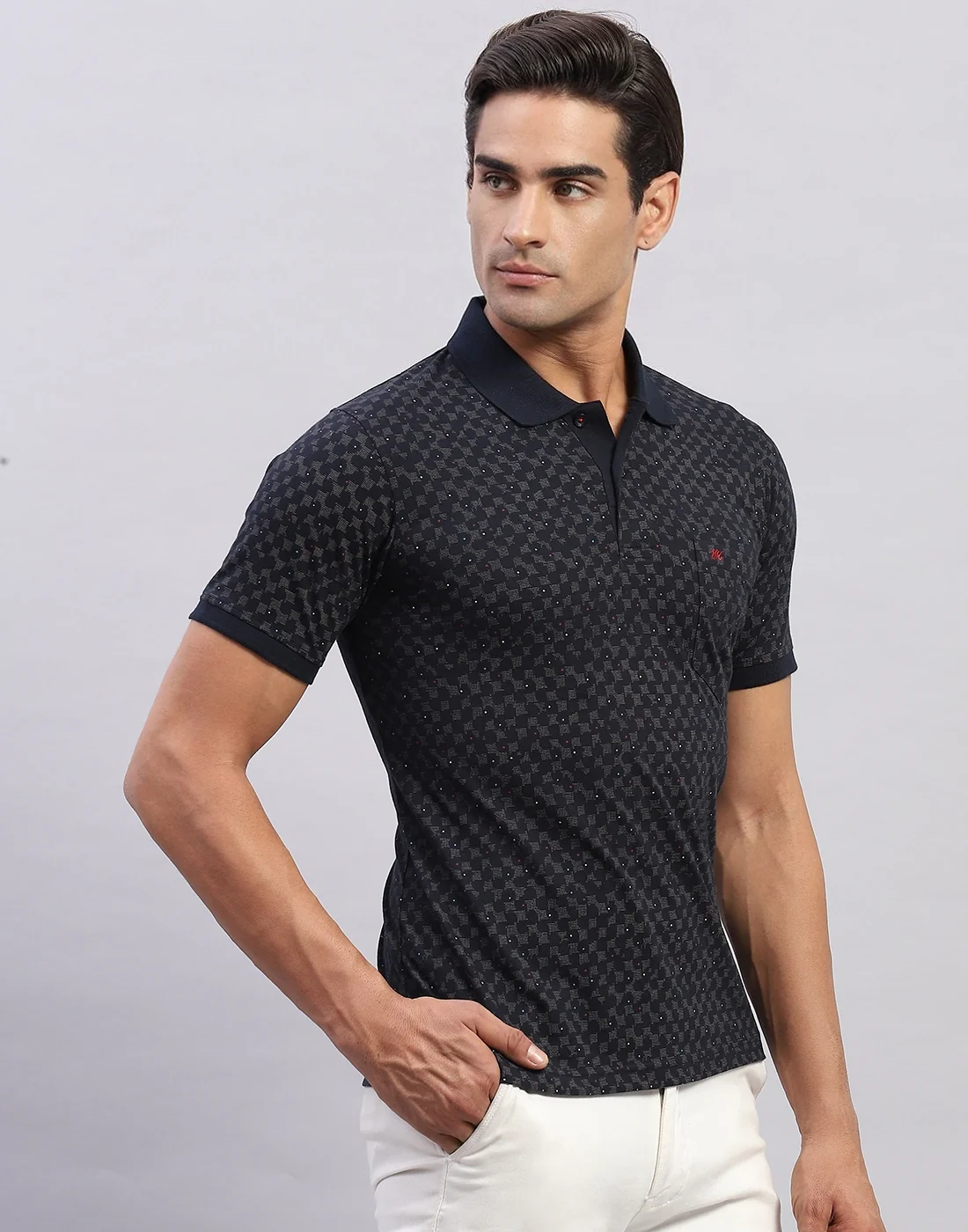 Men Navy Blue Printed Polo Collar Half Sleeve T-Shirt - Image 4