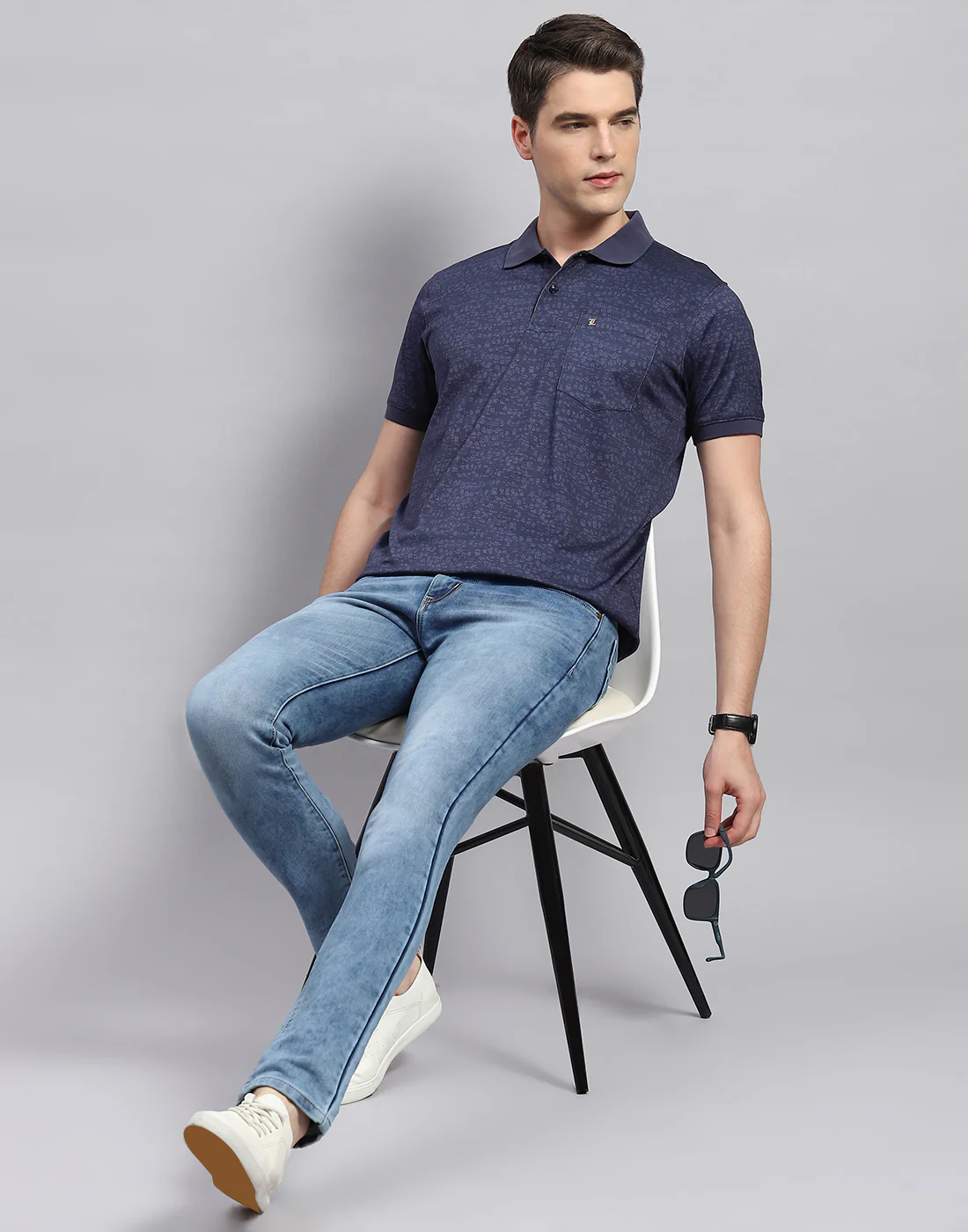 Men Navy Blue Printed Polo Collar Half Sleeve T-Shirt - Image 2