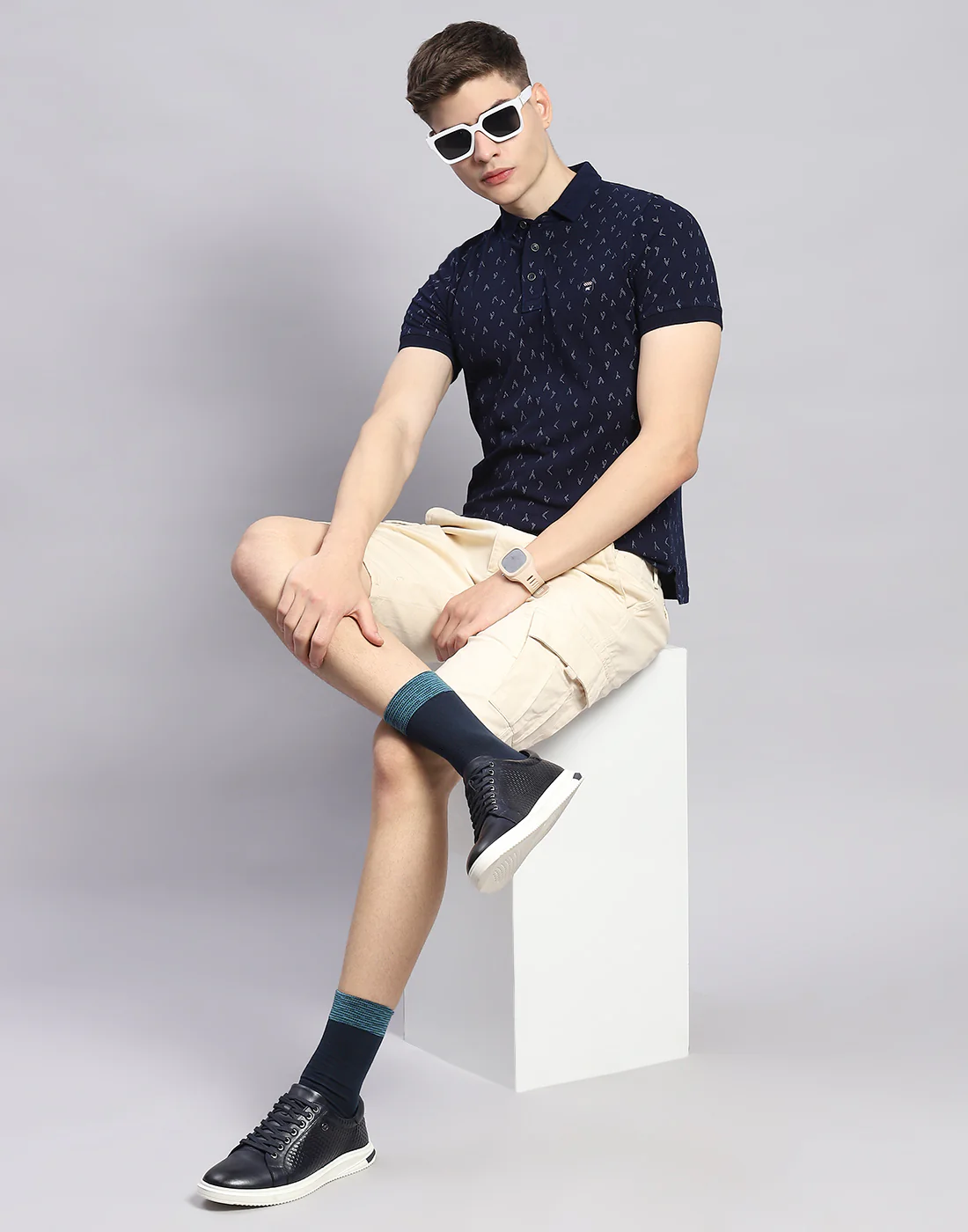 Men Navy Blue Printed Polo Collar Half Sleeve T-Shirt - Image 3