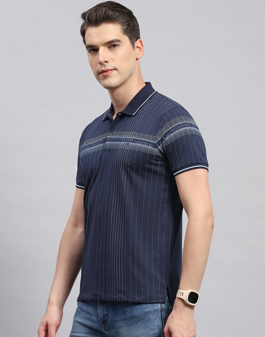 Men Navy Blue Printed Polo Collar Half Sleeve T-Shirt - Image 3
