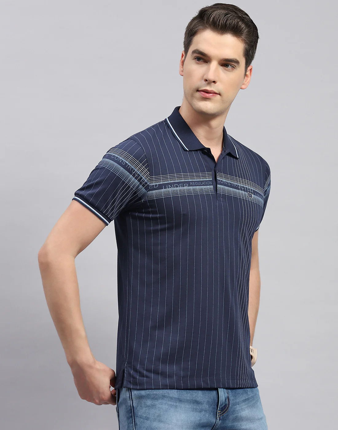 Men Navy Blue Printed Polo Collar Half Sleeve T-Shirt - Image 4