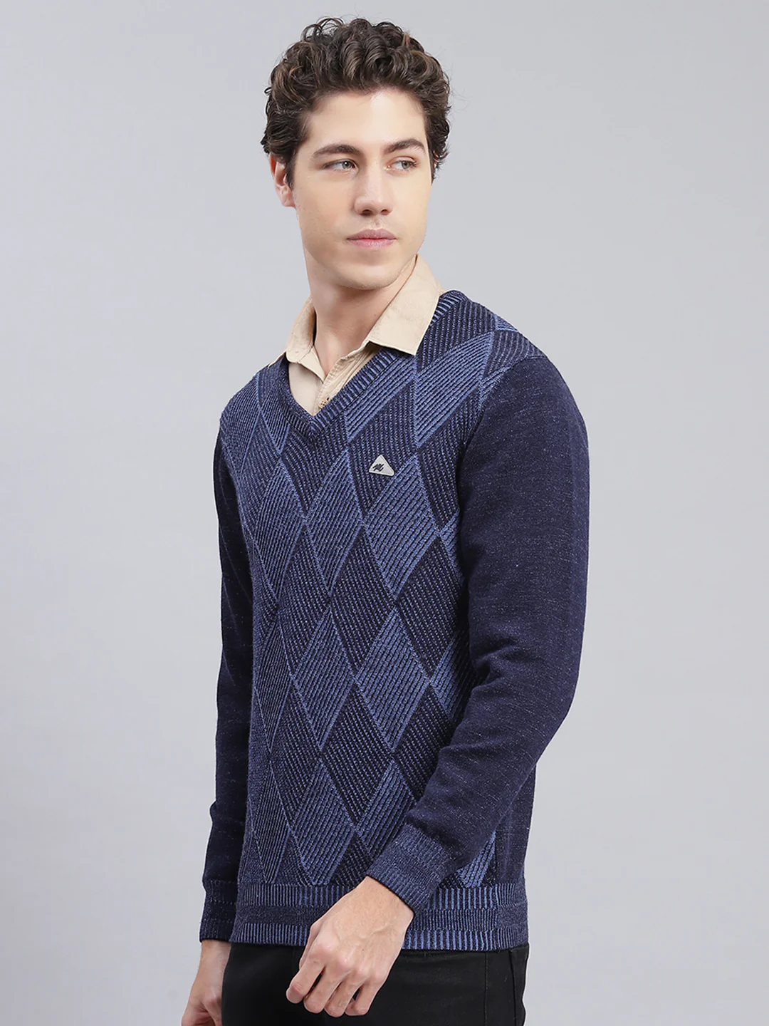 Men Navy Blue Printed Pure wool Pullover - Image 3