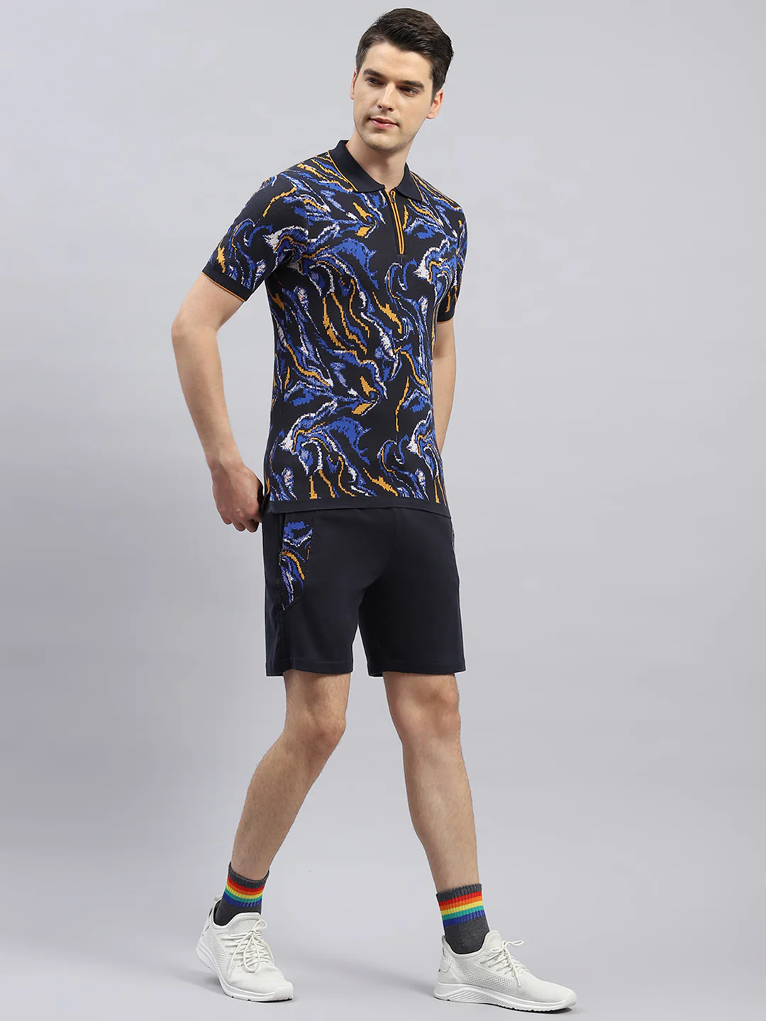 Men Navy Blue Printed Regular Fit Bermuda Set - Image 4