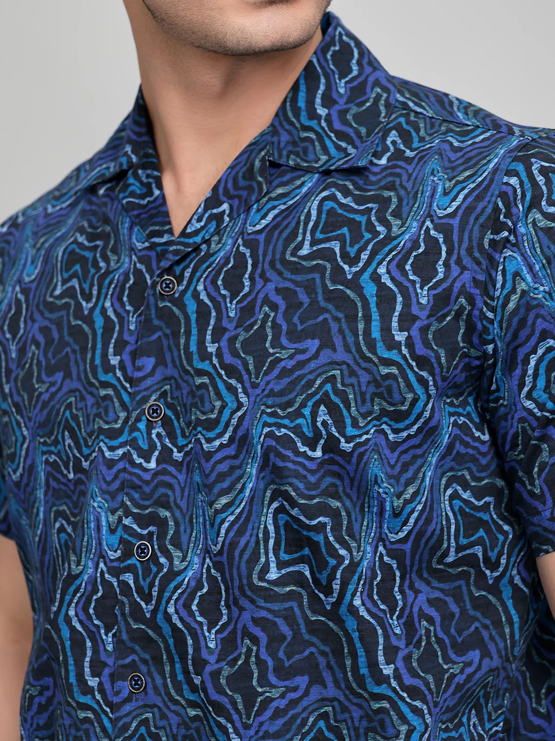 Men Navy Blue Printed Revere Collar Half Sleeve Cords Set - Image 5