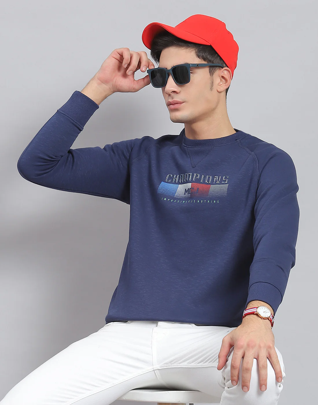 Men Navy Blue Printed Round Neck Full Sleeve Sweatshirt - Image 6