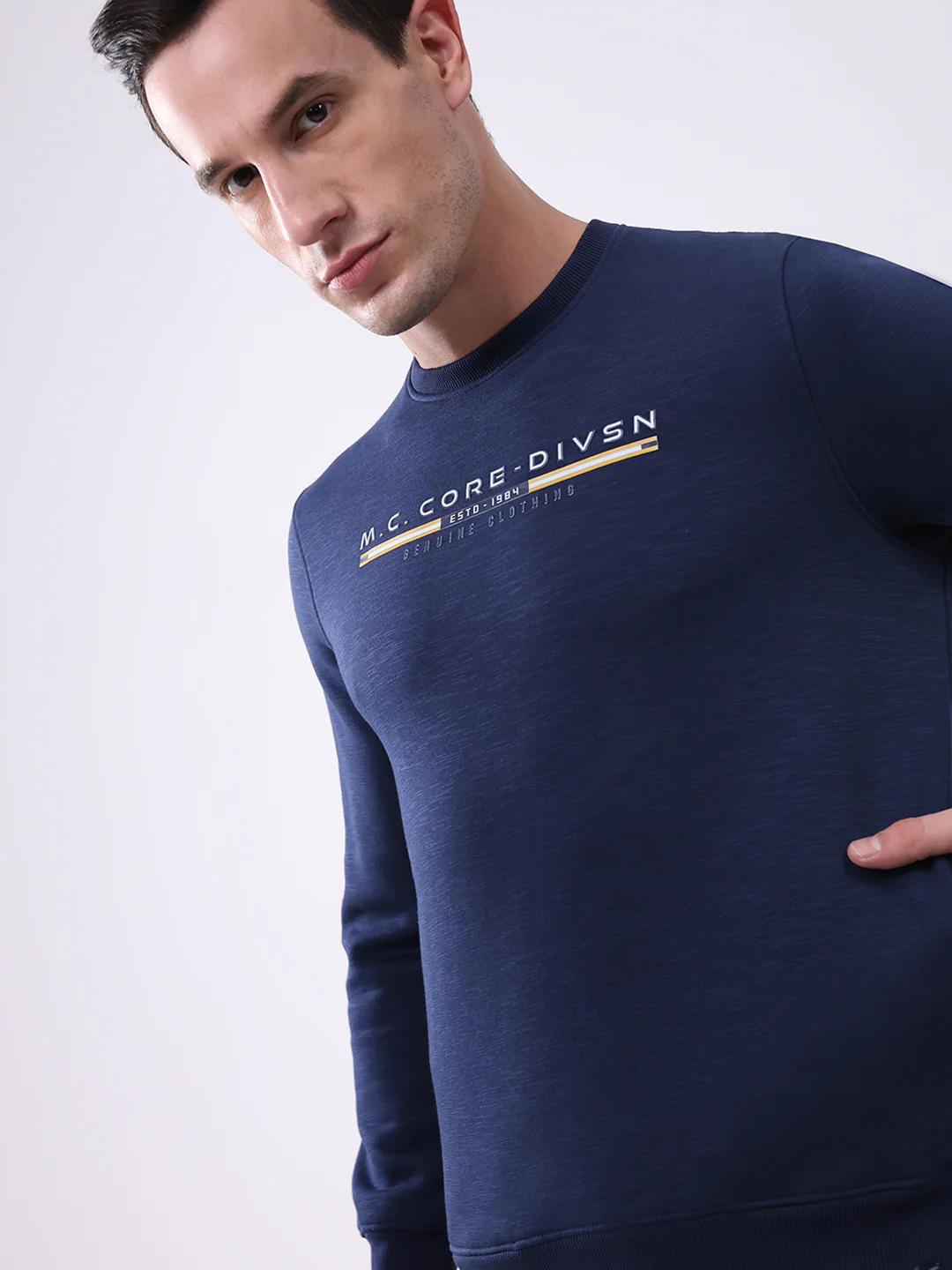 Men Navy Blue Printed Round Neck Full Sleeve Sweatshirt - Image 7