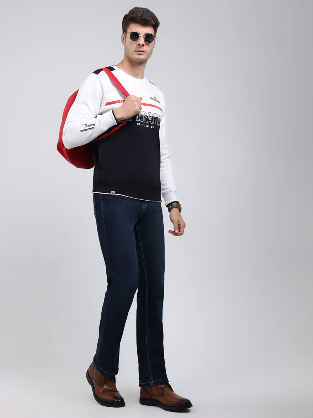 Men Navy Blue Printed Round Neck Full Sleeve Sweatshirt - Image 2