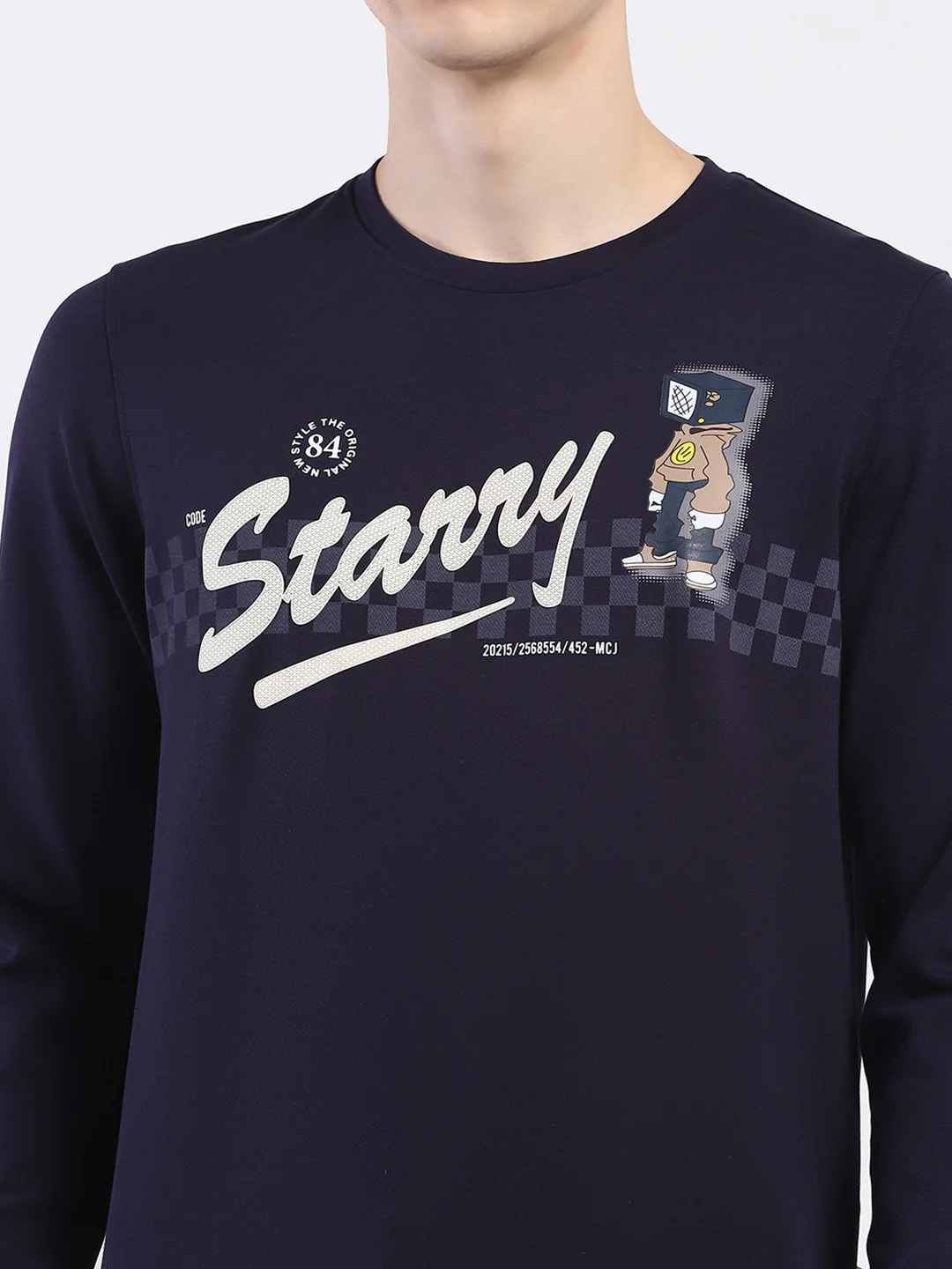 Men Navy Blue Printed Round Neck Full Sleeve Sweatshirt - Image 6