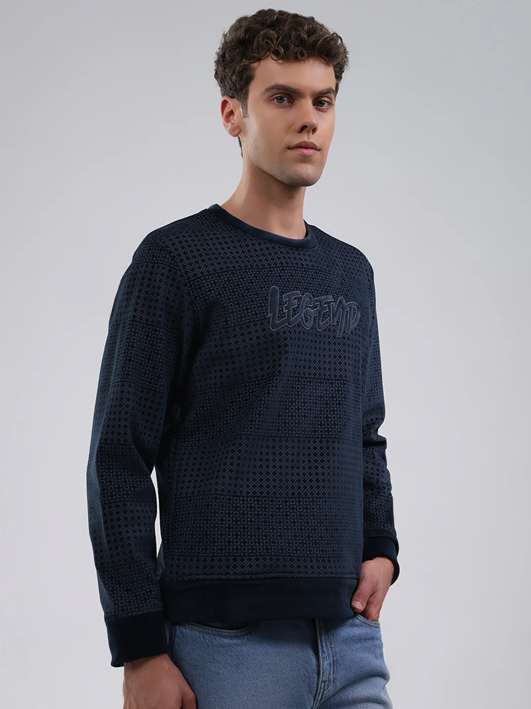 Men Navy Blue Printed Round Neck Full Sleeve Sweatshirt - Image 4