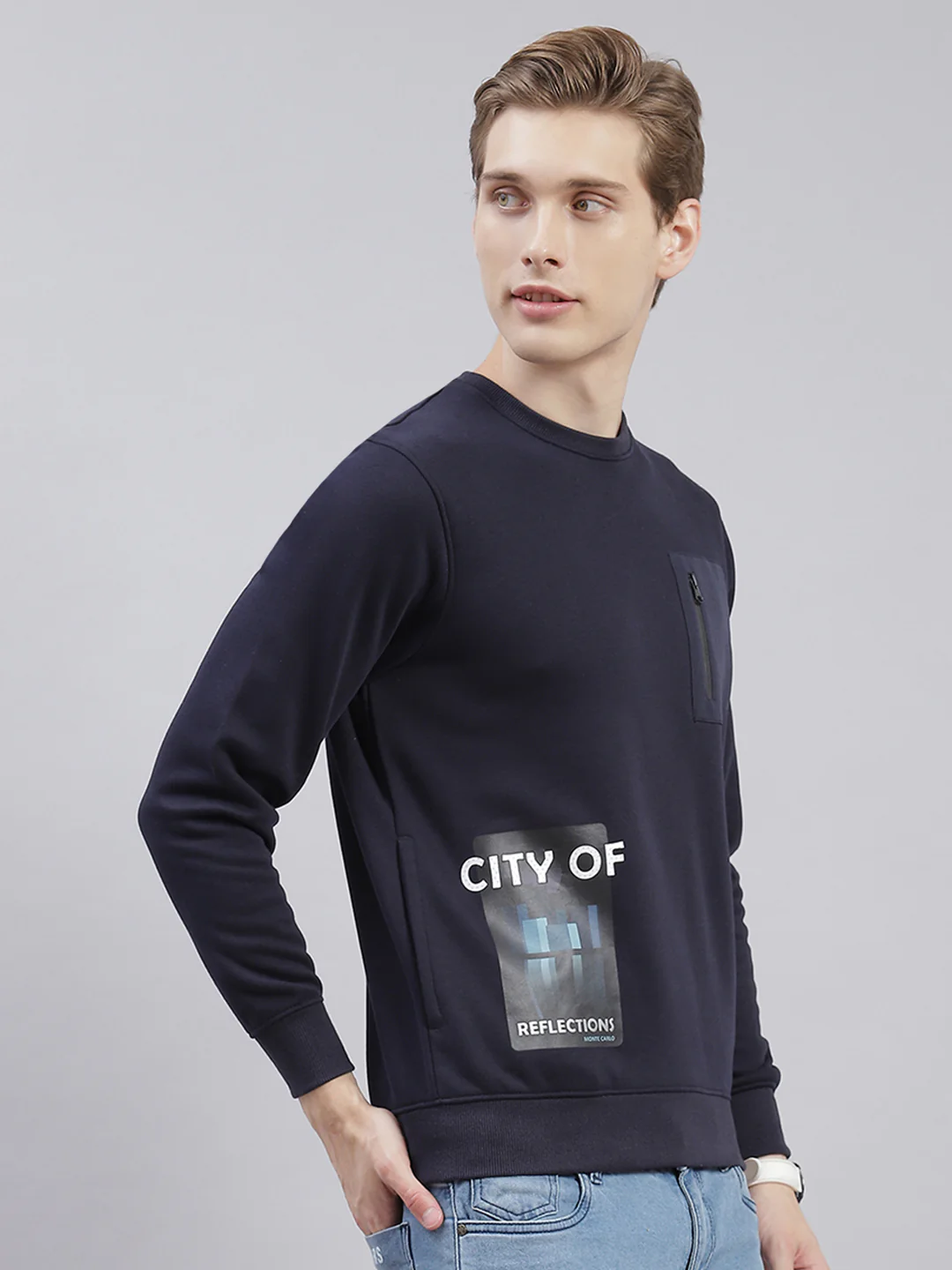 Men Navy Blue Printed Round Neck Full Sleeve Sweatshirts - Image 5