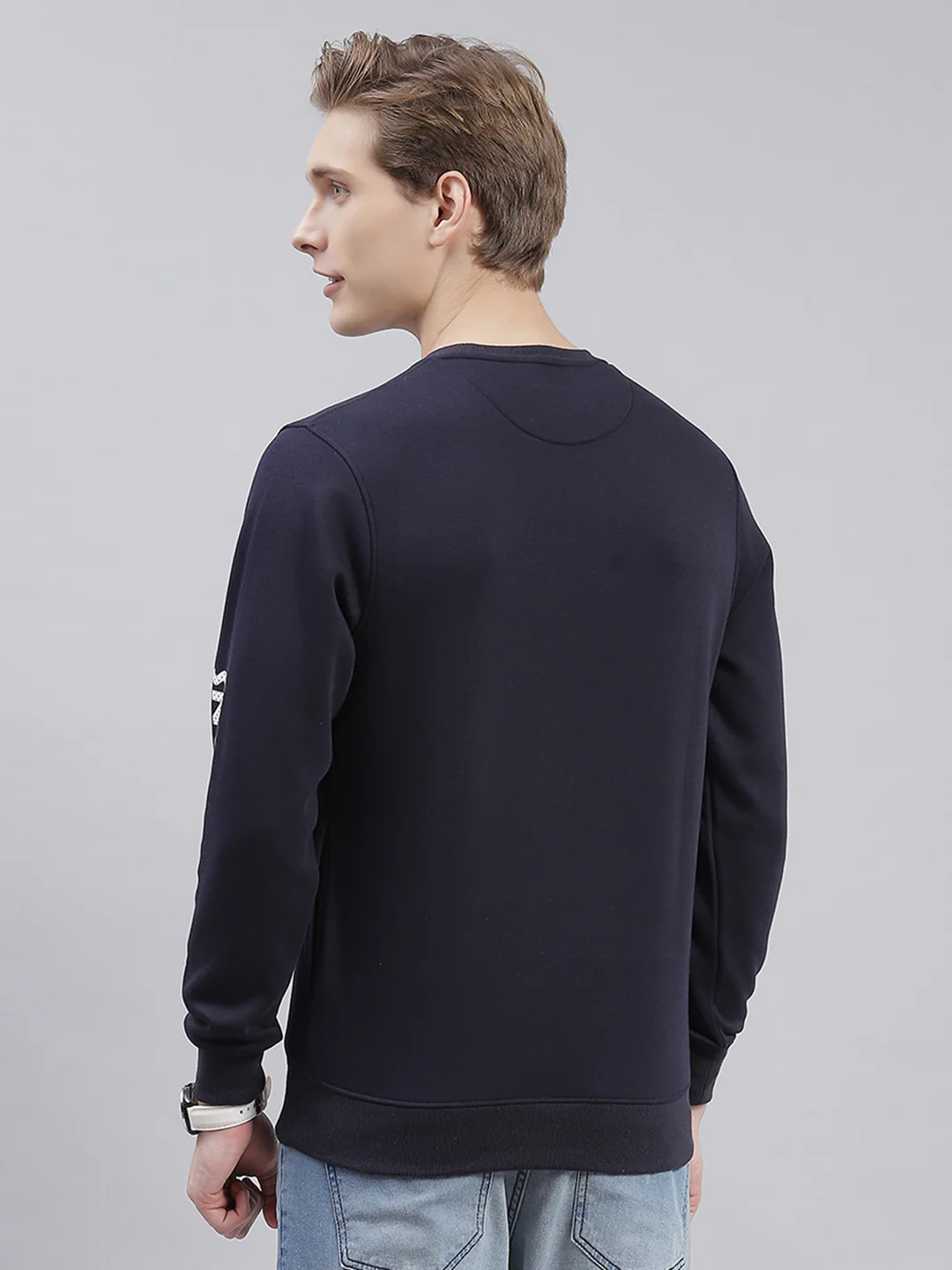 Men Navy Blue Printed Round Neck Full Sleeve Sweatshirts - Image 6