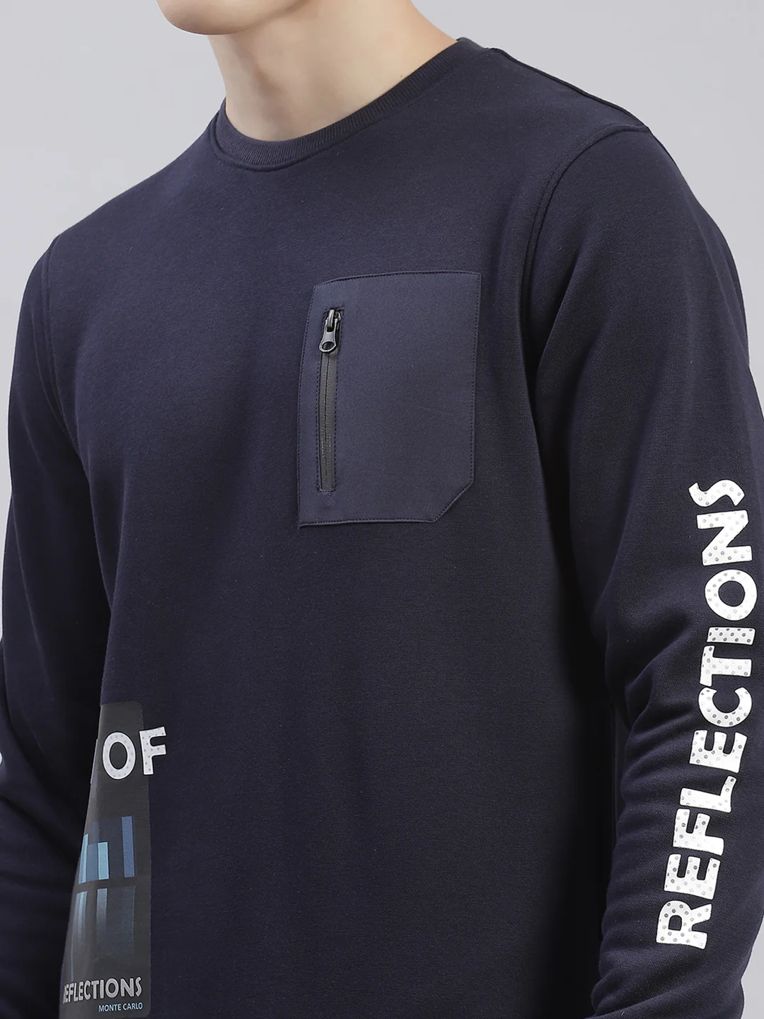 Men Navy Blue Printed Round Neck Full Sleeve Sweatshirts - Image 7