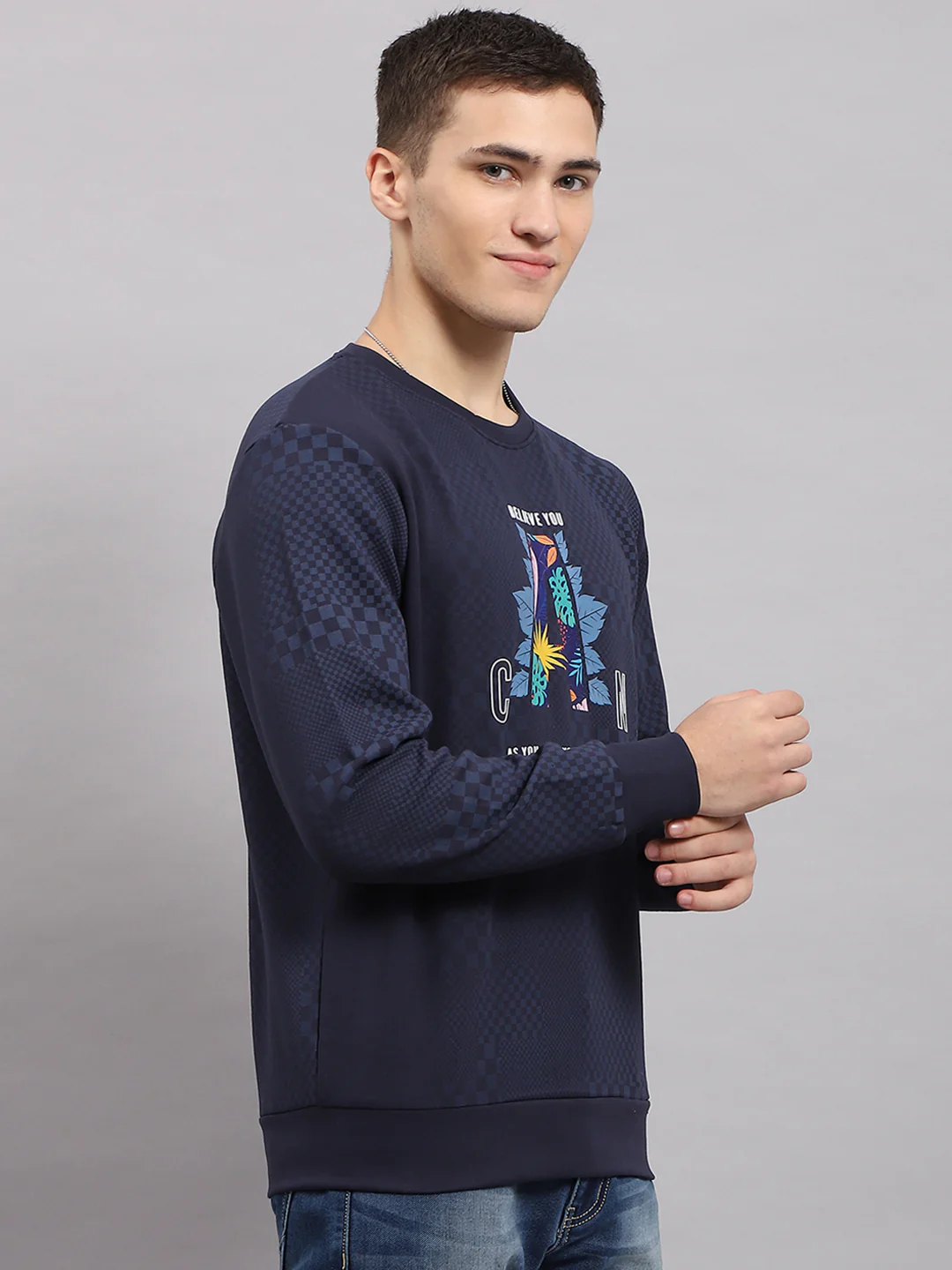 Men Navy Blue Printed Round Neck Full Sleeve T-Shirt - Image 4