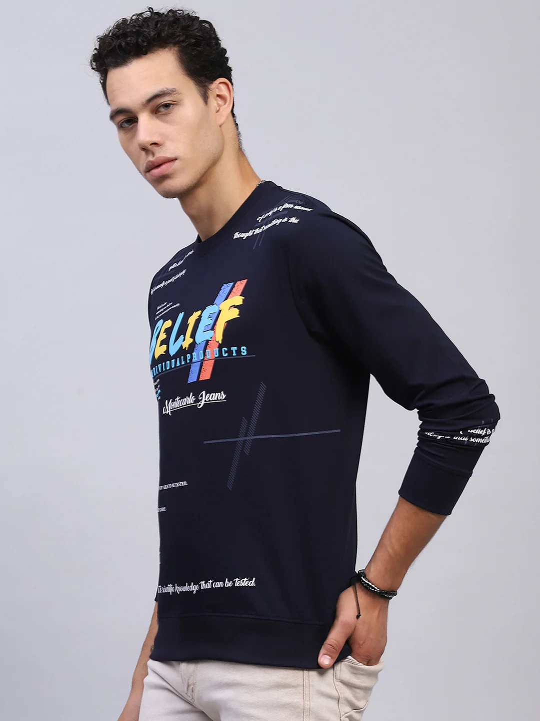 Men Navy Blue Printed Round Neck Full Sleeve Winter T-Shirt - Image 3