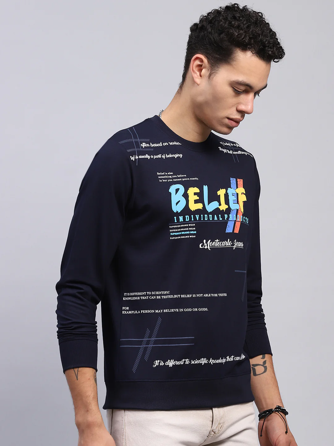 Men Navy Blue Printed Round Neck Full Sleeve Winter T-Shirt - Image 4