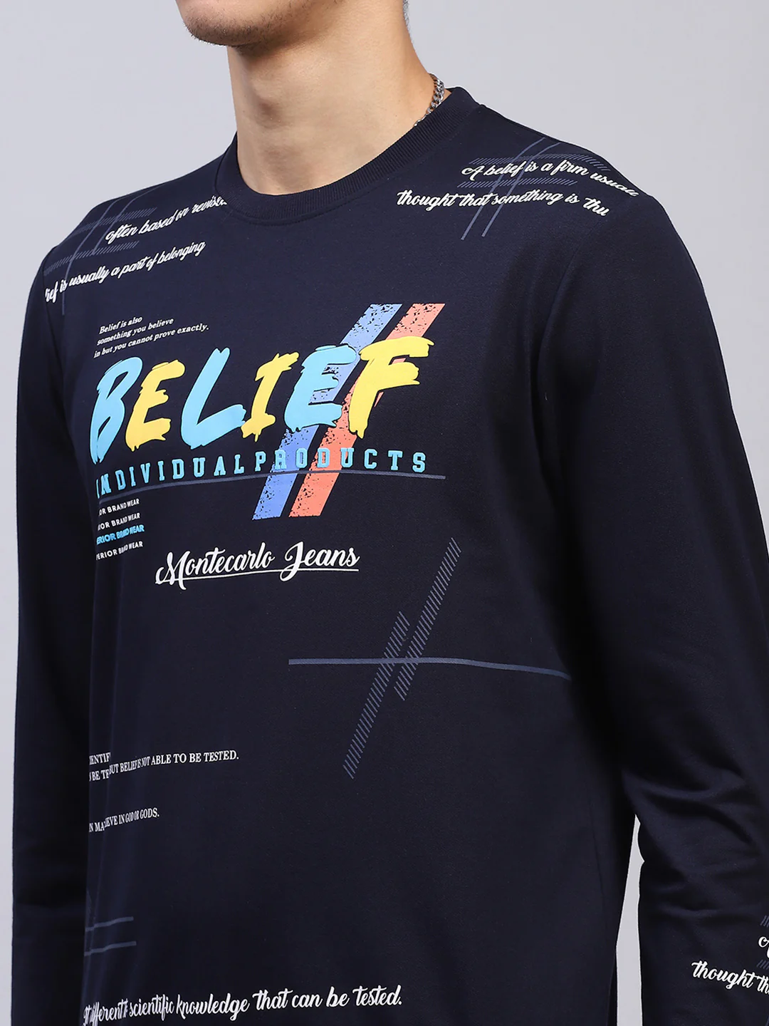 Men Navy Blue Printed Round Neck Full Sleeve Winter T-Shirt - Image 6