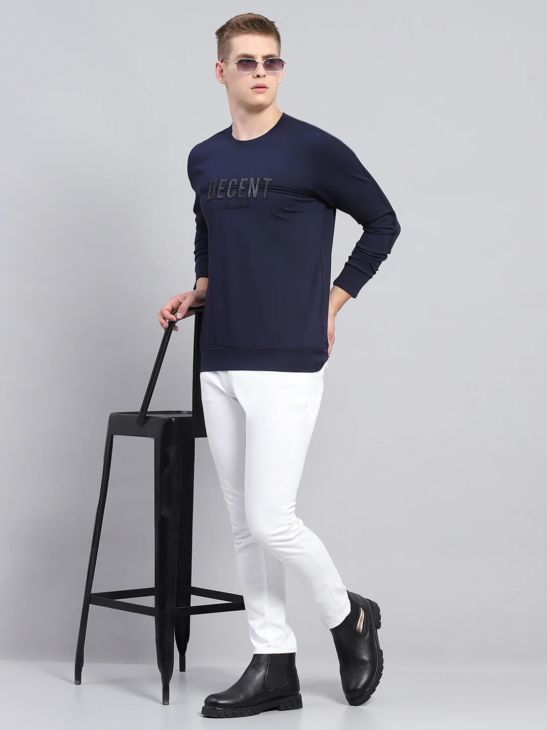 Men Navy Blue Printed Round Neck Full Sleeve Winter T-Shirt - Image 2