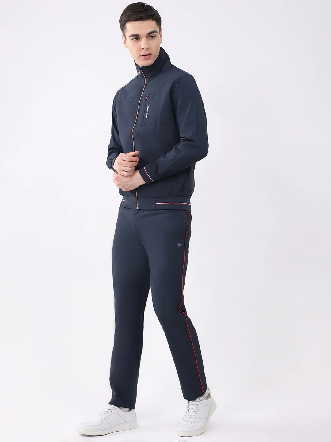 Men Navy Blue Printed Round Neck Full Sleeve Winter Tracksuit - Image 3