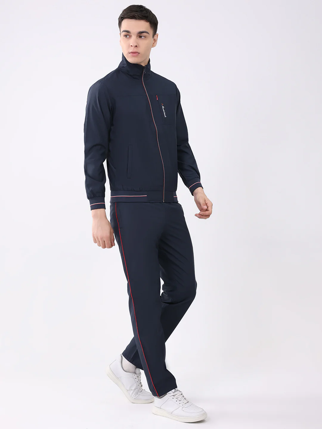 Men Navy Blue Printed Round Neck Full Sleeve Winter Tracksuit - Image 4