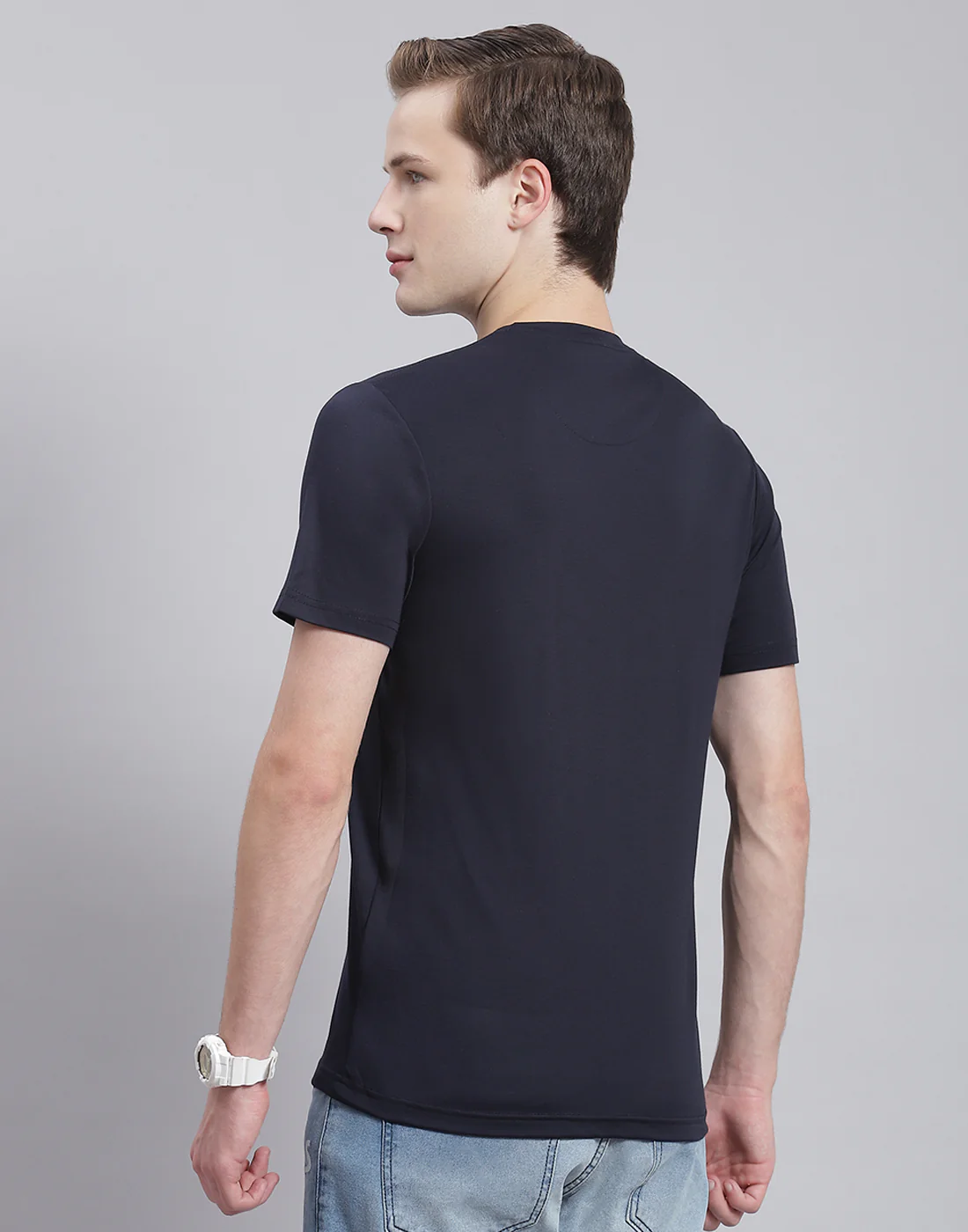 Men Navy Blue Printed Round Neck Half Sleeve T-Shirt - Image 5