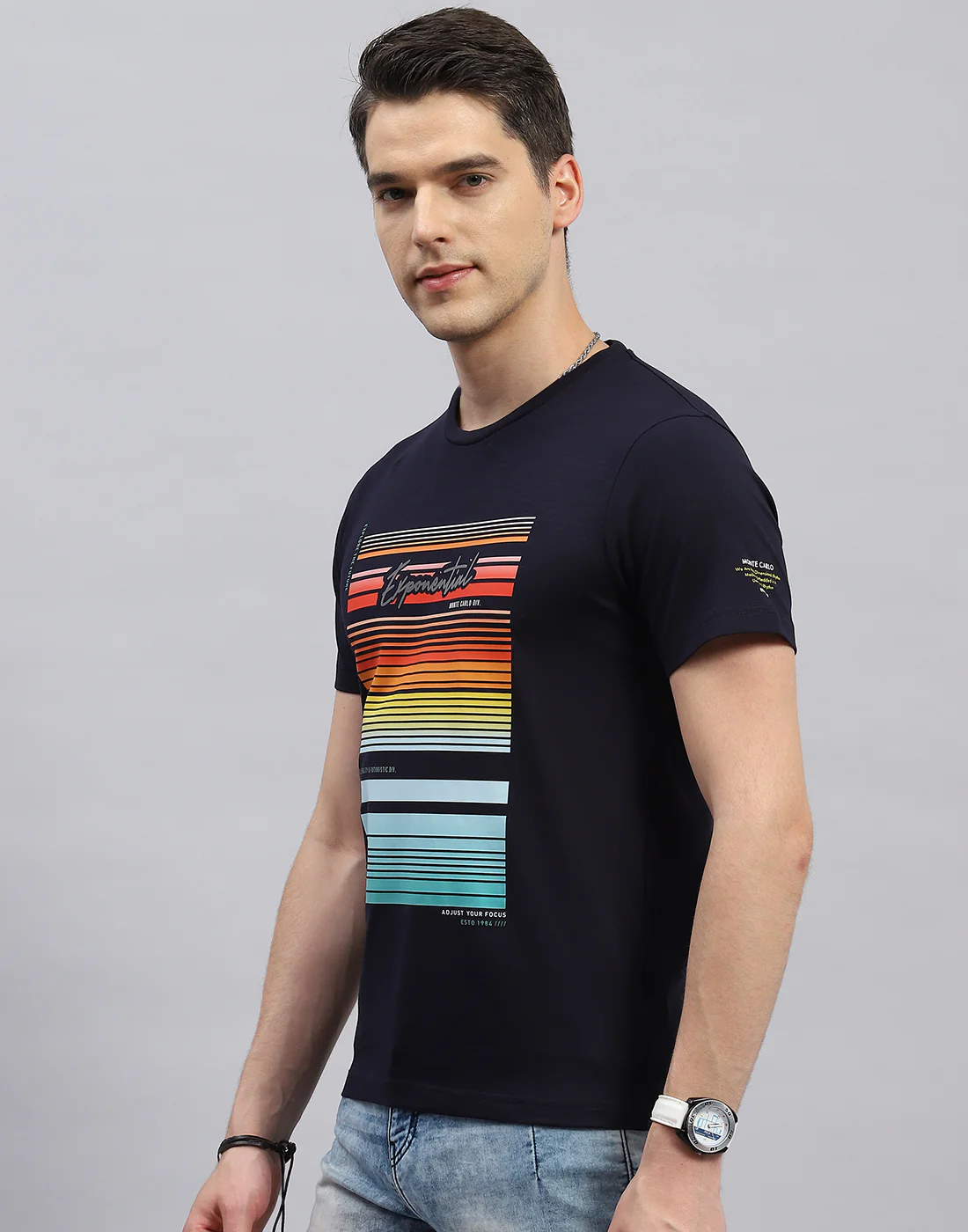 Men Navy Blue Printed Round Neck Half Sleeve T-Shirt - Image 3
