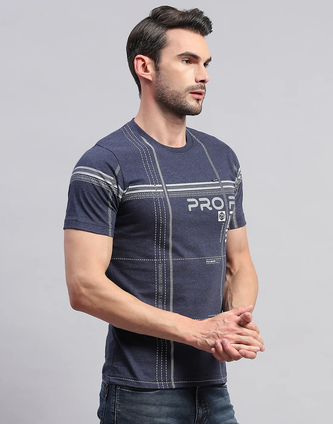 Men Navy Blue Printed Round Neck Half Sleeve T-Shirt - Image 4