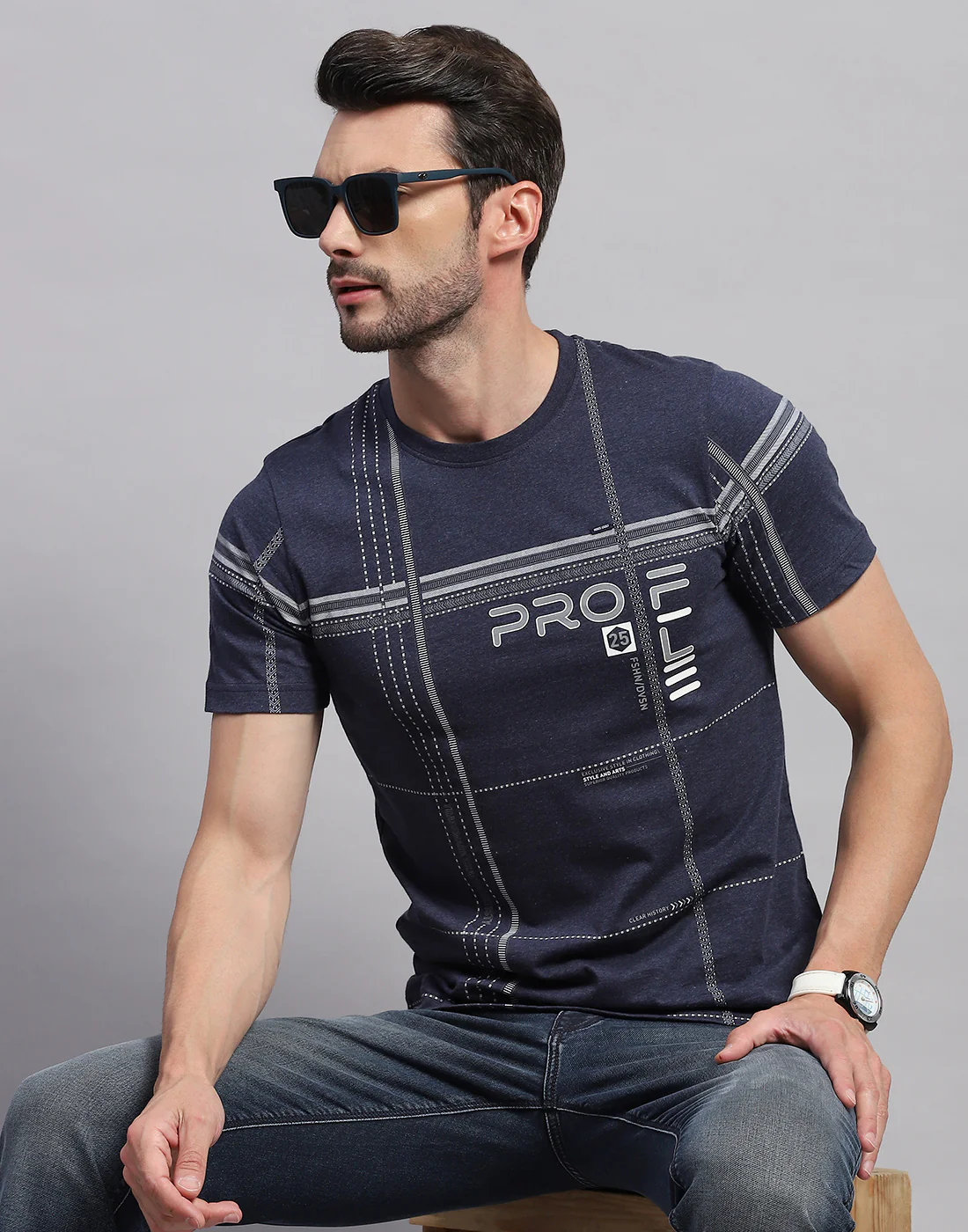 Men Navy Blue Printed Round Neck Half Sleeve T-Shirt - Image 6