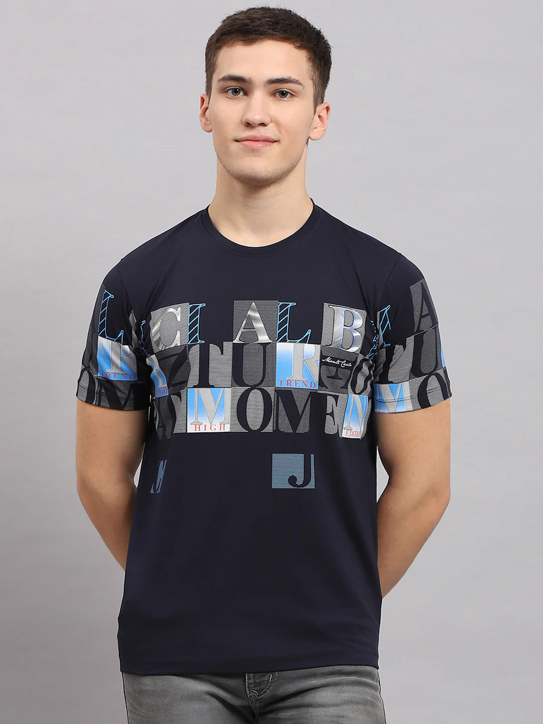 Men Navy Blue Printed Round Neck Half Sleeve T-Shirt - Image 2