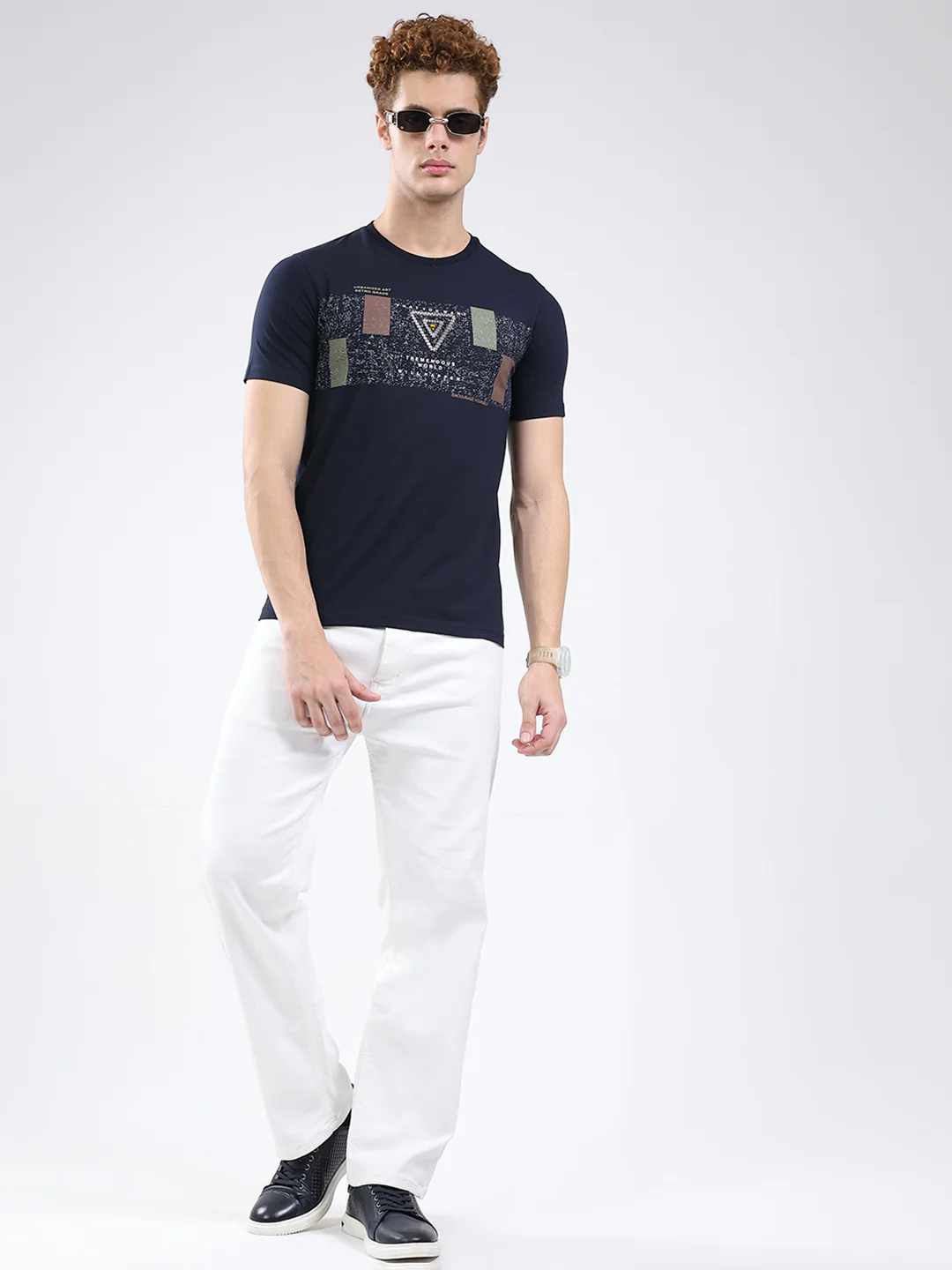 Men Navy Blue Printed Round Neck Half Sleeve T-Shirt - Image 2