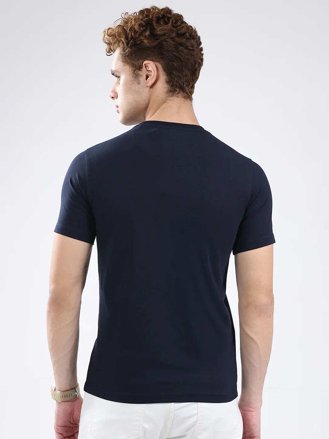 Men Navy Blue Printed Round Neck Half Sleeve T-Shirt - Image 5