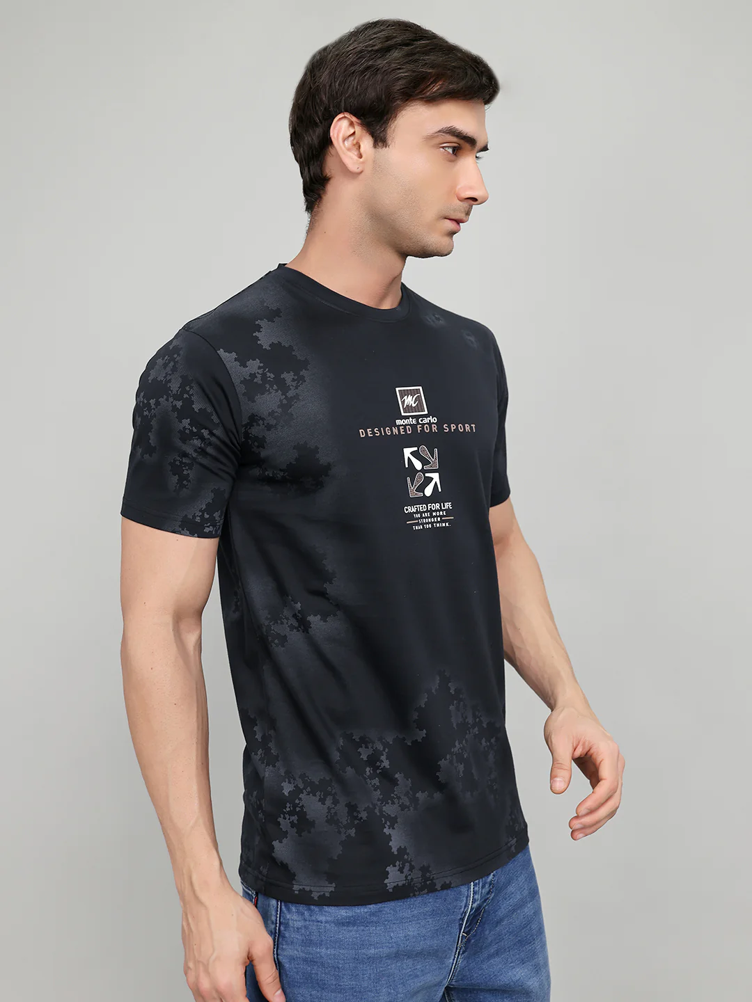 Men Navy Blue Printed Round Neck Half Sleeve T-Shirt - Image 3