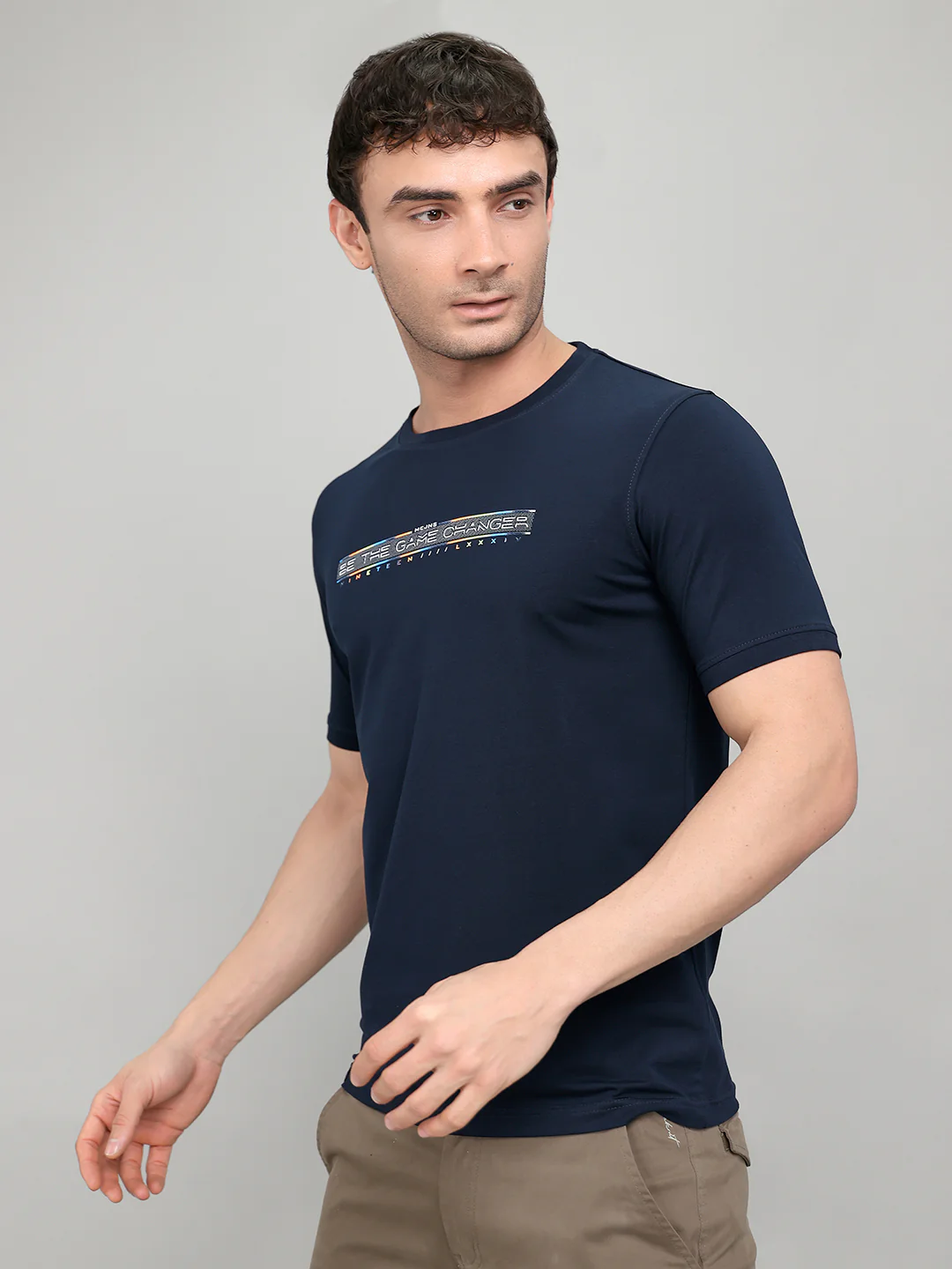 Men Navy Blue Printed Round Neck Half Sleeve T-Shirt - Image 2