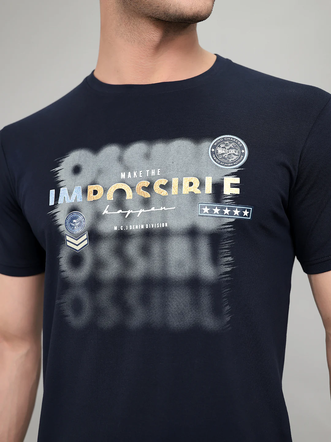 Men Navy Blue Printed Round Neck Half Sleeve T-Shirt - Image 4