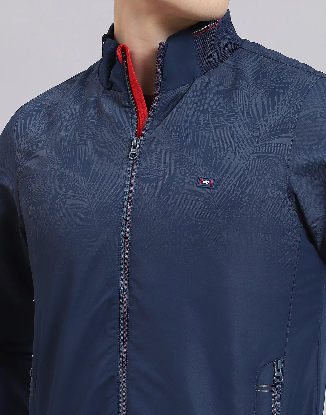 Men Navy Blue Printed Stand Collar Full Sleeve Jacket - Image 7