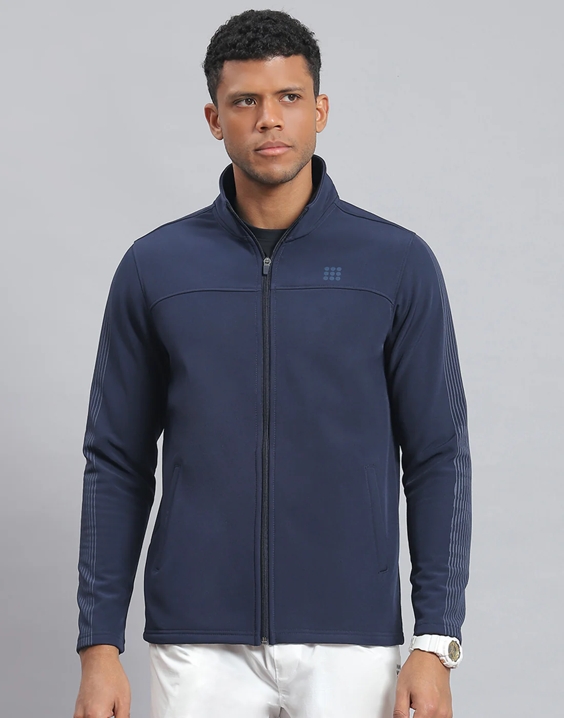 Rock.it Men Navy Blue Printed Stand Collar Full Sleeve Sweatshirt - Image 2