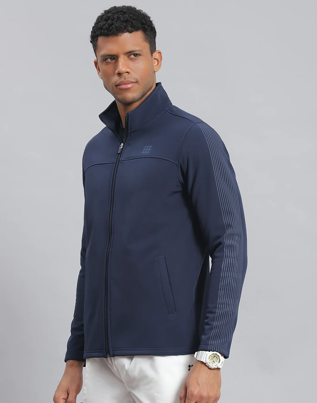 Rock.it Men Navy Blue Printed Stand Collar Full Sleeve Sweatshirt - Image 3